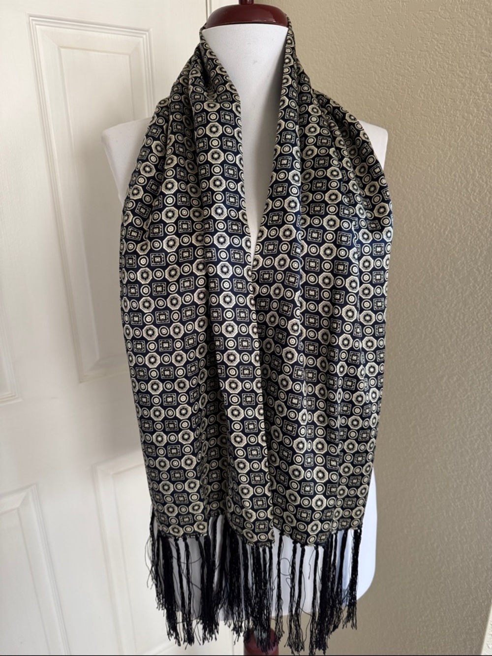 Silk Geometric Black & Cream Scarf with Fringe